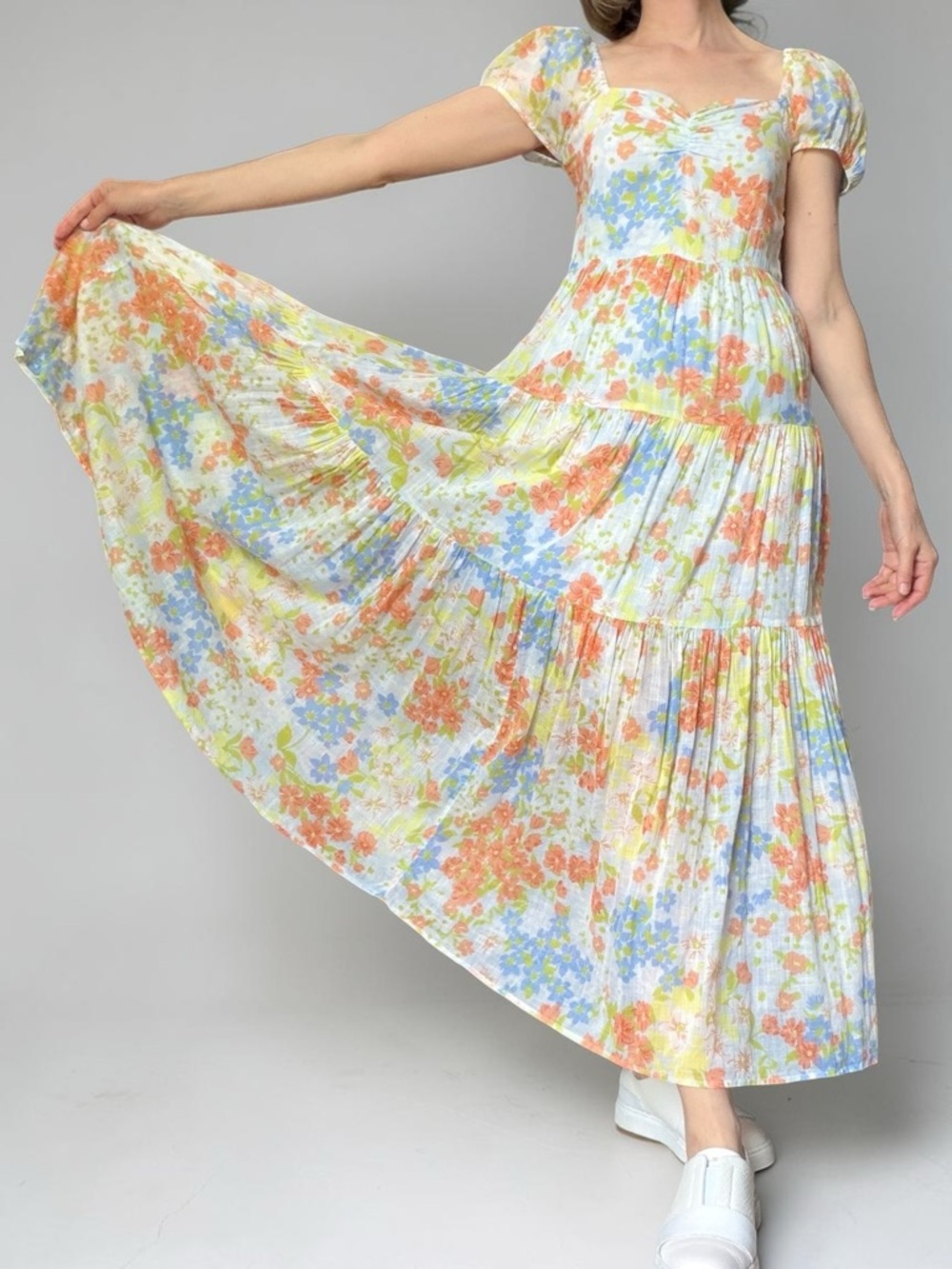 Billabong Maxi Dress Orange & Blue Floral Cotton Puff Sleeve - Picture 5 of 15